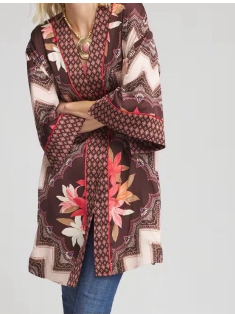 Chico's Brown Floral Open-Front Kimono Jacket